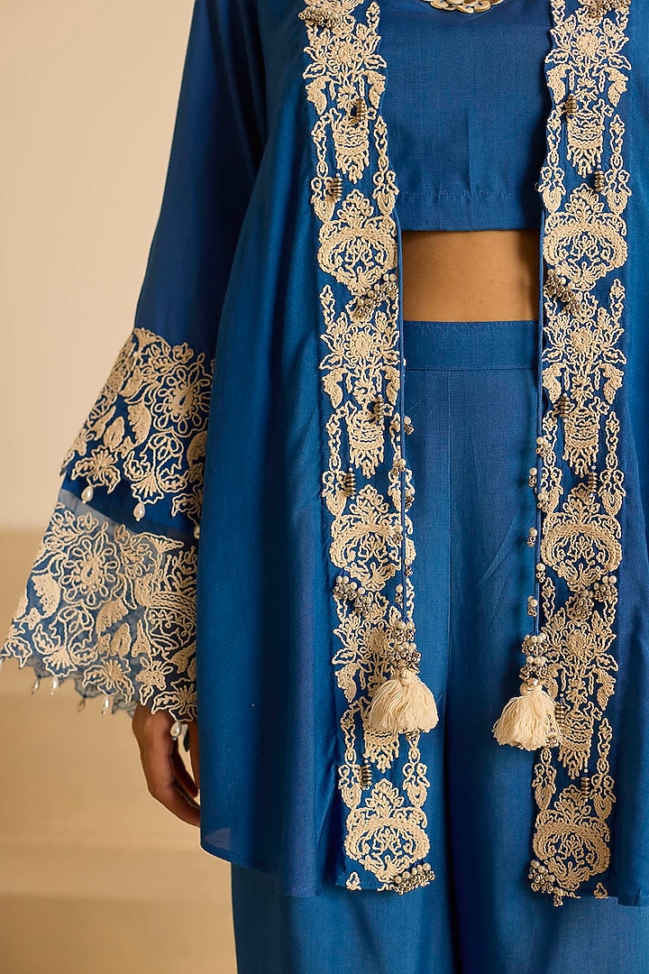 Blue Cotton Silk & Organza Dori Embroidered Co-Ord Set by Inej at Pernia's Pop Up Shop