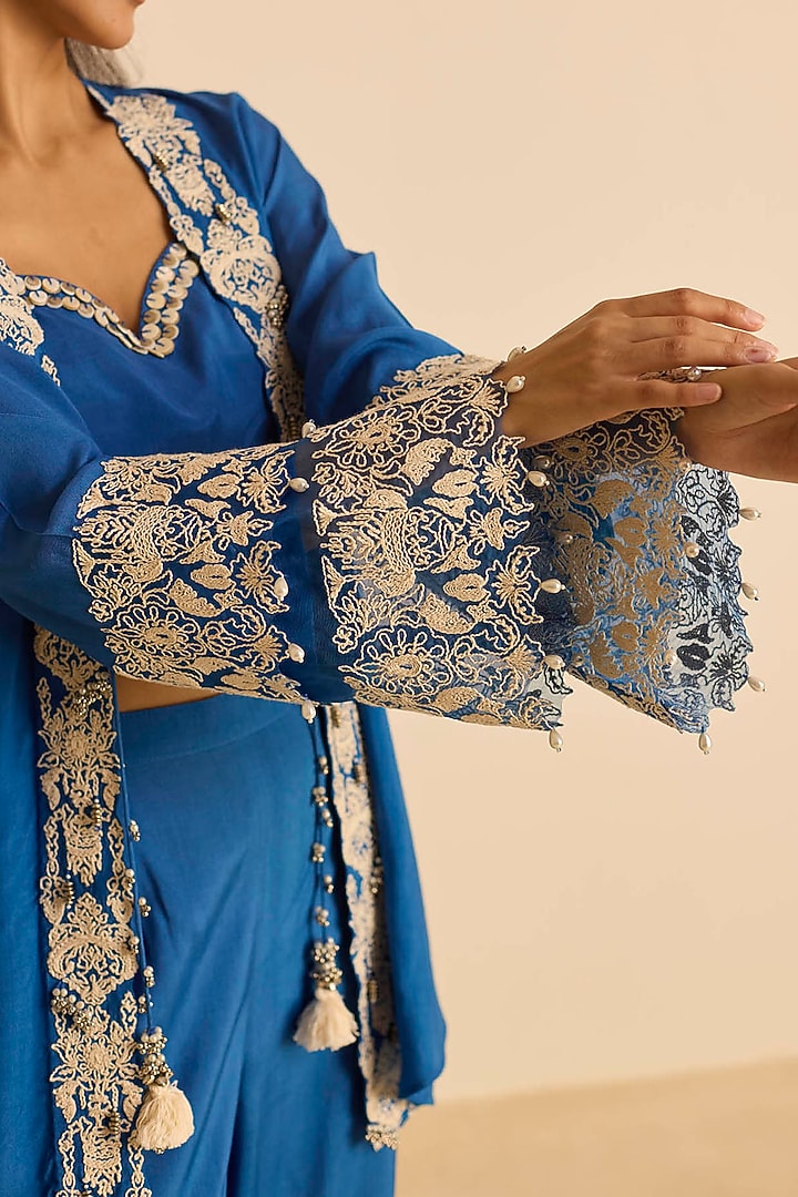 Blue Cotton Silk & Organza Dori Embroidered Co-Ord Set by Inej at Pernia's Pop Up Shop
