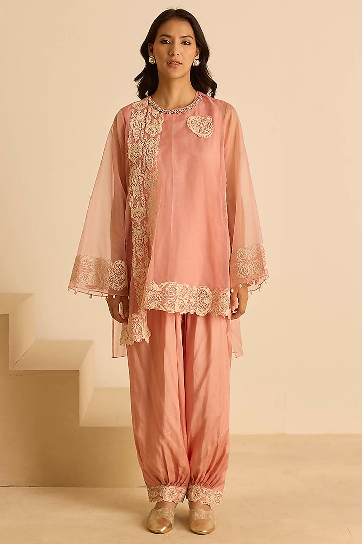 Pink Organza Dori Embroidered Short Tunic Set by Inej at Pernia's Pop Up Shop