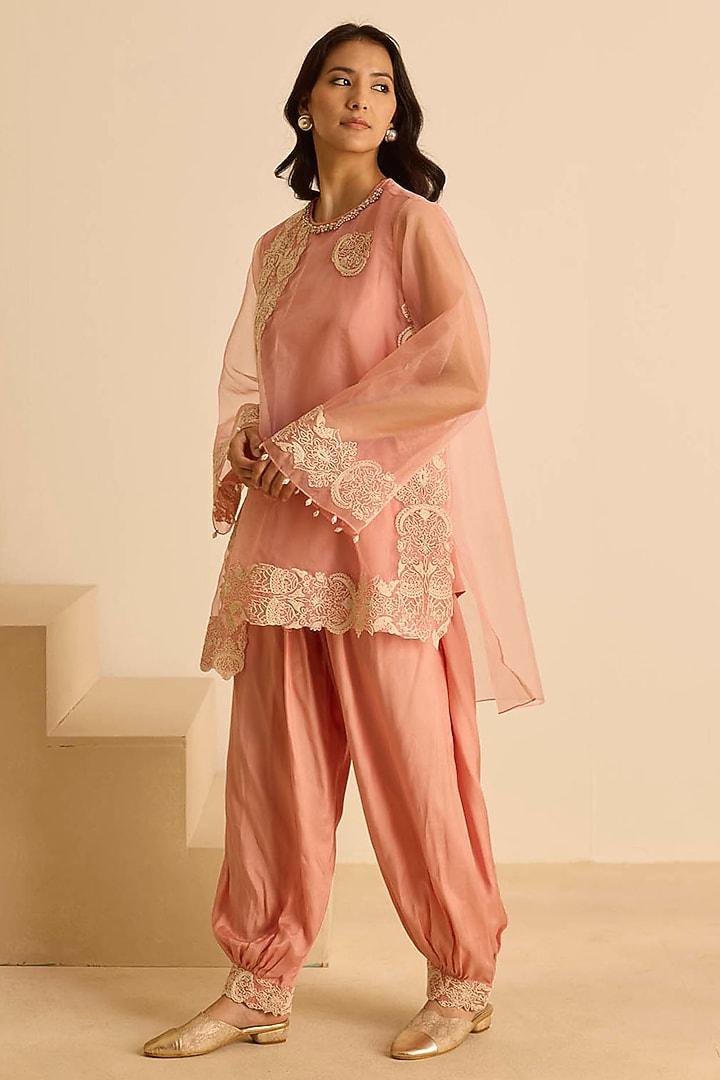 Pink Organza Dori Embroidered Short Tunic Set by Inej at Pernia's Pop Up Shop