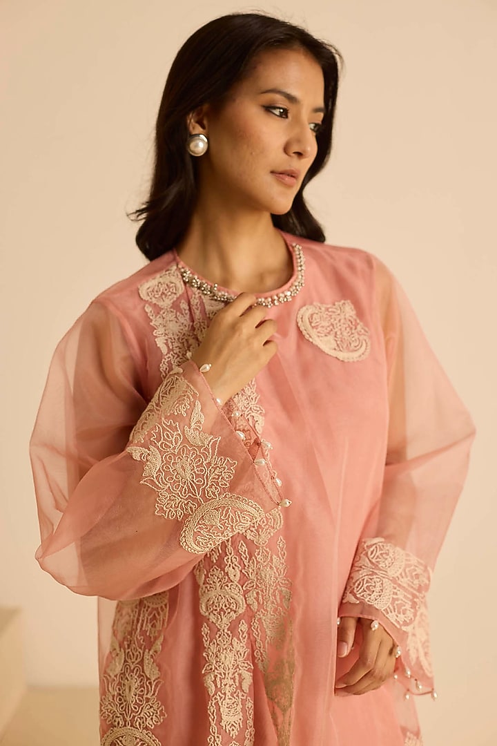 Pink Organza Dori Embroidered Short Tunic Set by Inej at Pernia's Pop Up Shop