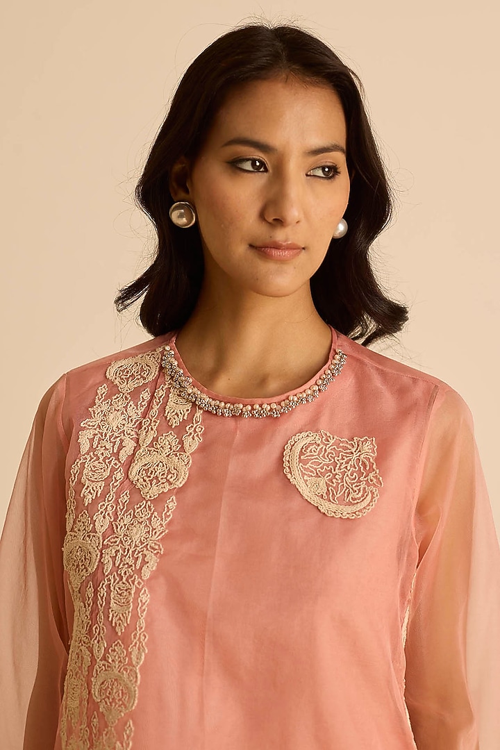 Pink Organza Dori Embroidered Short Tunic Set by Inej at Pernia's Pop Up Shop
