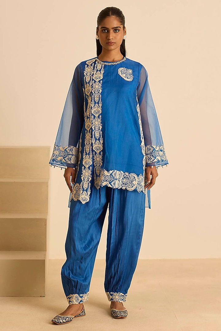 Blue Organza Dori Embroidered Short Tunic Set by Inej at Pernia's Pop Up Shop