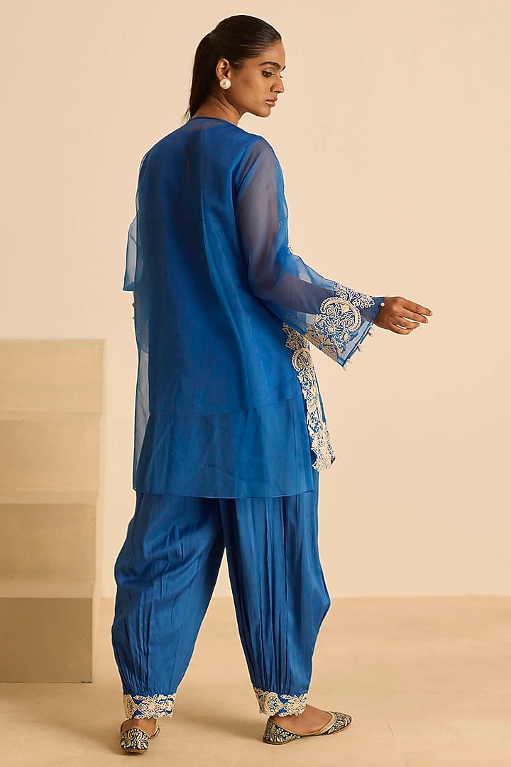Blue Organza Dori Embroidered Short Tunic Set by Inej at Pernia's Pop Up Shop