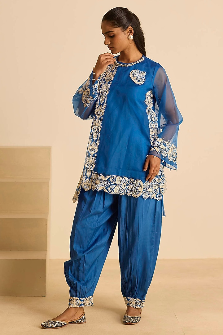 Blue Organza Dori Embroidered Short Tunic Set by Inej at Pernia's Pop Up Shop