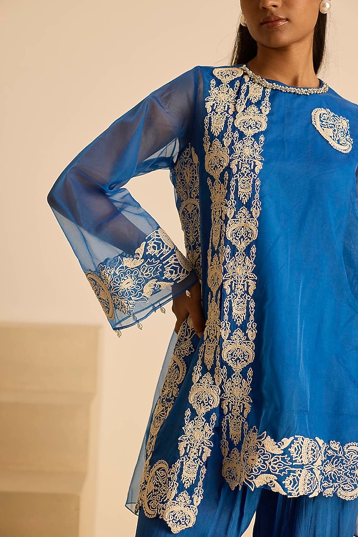 Blue Organza Dori Embroidered Short Tunic Set by Inej at Pernia's Pop Up Shop