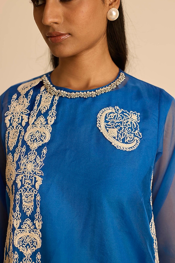 Blue Organza Dori Embroidered Short Tunic Set by Inej at Pernia's Pop Up Shop