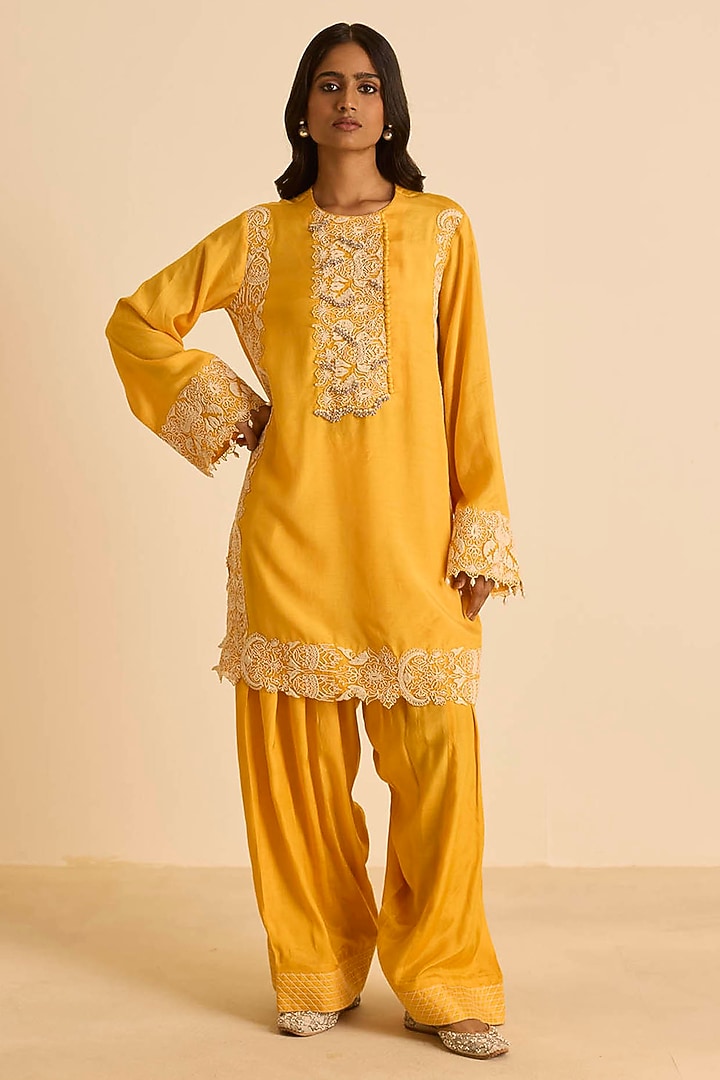 Orange Cotton Silk Dori Embroidered Kashmiri Short Kurta Set by Inej at Pernia's Pop Up Shop
