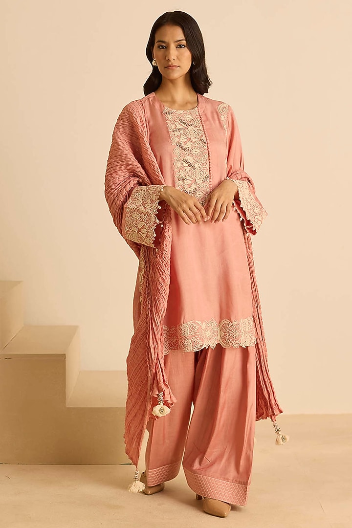 Pink Cotton Silk Dori Embroidered Kashmiri Short Kurta Set by Inej at Pernia's Pop Up Shop