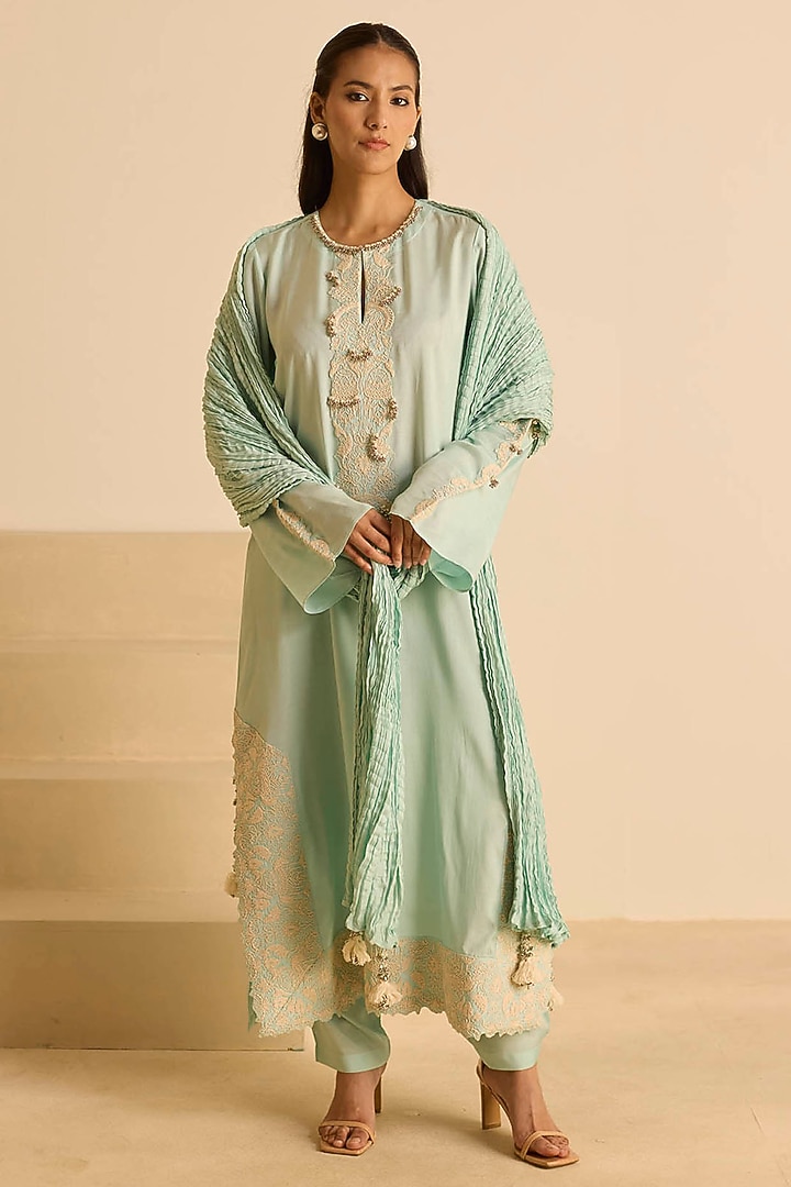 Sky Blue Cotton Silk Dori Embroidered Straight Kurta Set by Inej at Pernia's Pop Up Shop