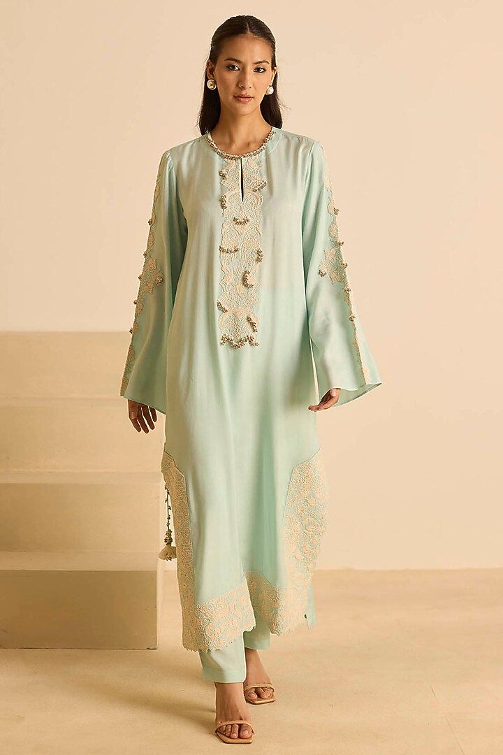 Sky Blue Cotton Silk Dori Embroidered Straight Kurta Set by Inej at Pernia's Pop Up Shop