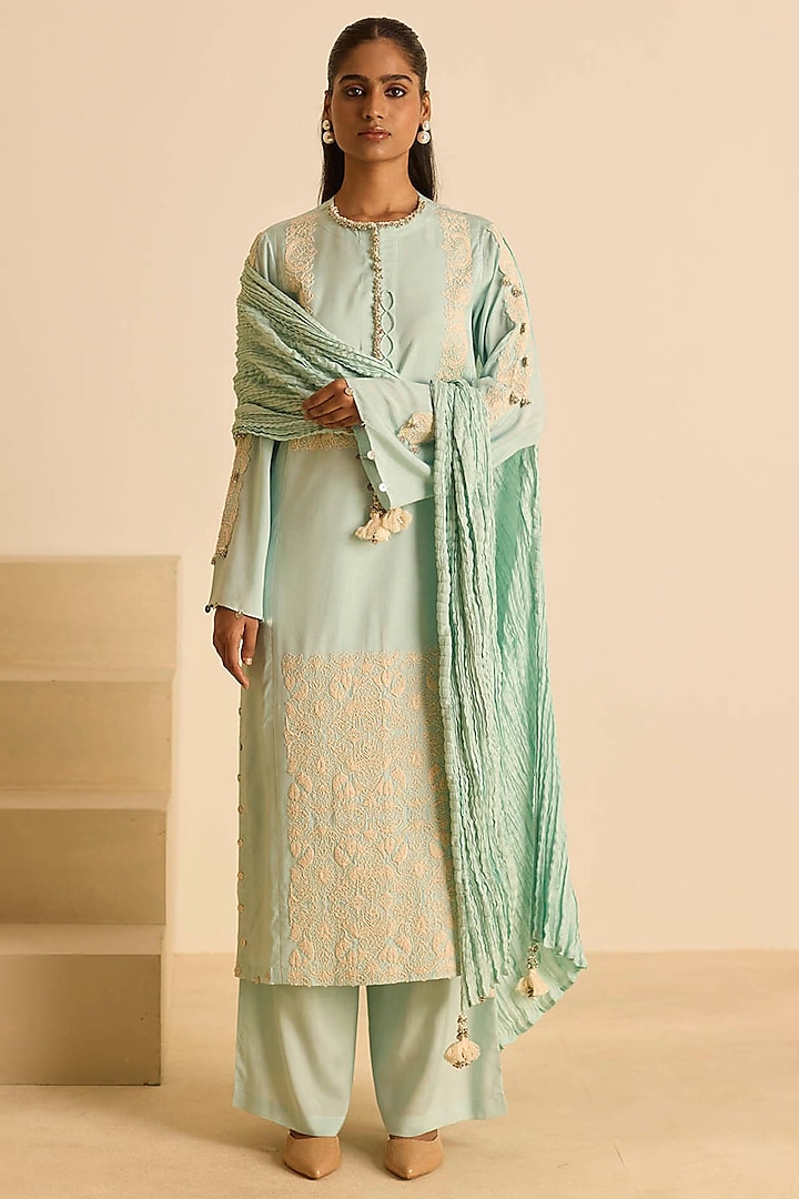 Sky Blue Cotton Silk Dori Embroidered Straight Kurta Set by Inej at Pernia's Pop Up Shop