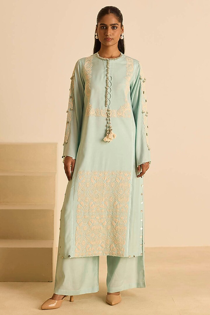 Sky Blue Cotton Silk Dori Embroidered Straight Kurta Set by Inej at Pernia's Pop Up Shop