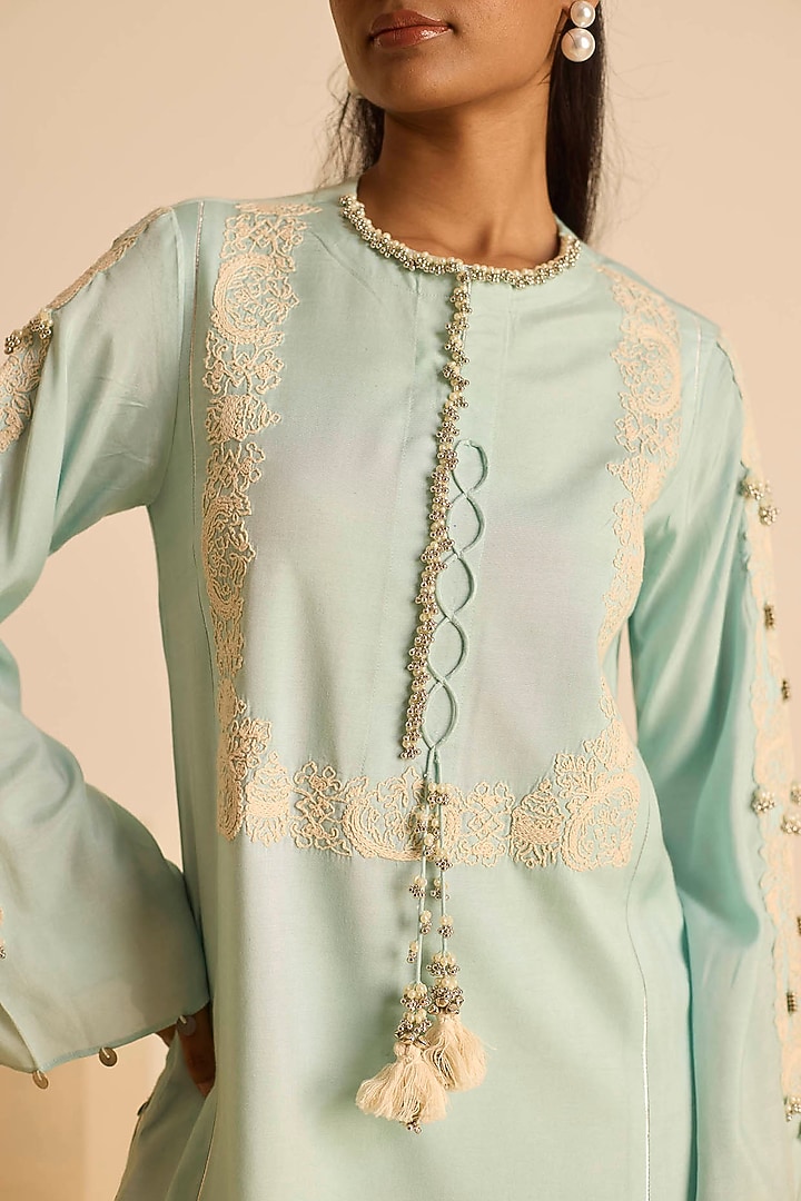 Sky Blue Cotton Silk Dori Embroidered Straight Kurta Set by Inej at Pernia's Pop Up Shop