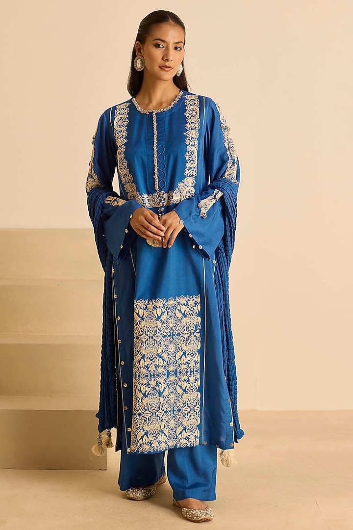 Blue Cotton Silk Dori Embroidered Straight Kurta Set by Inej at Pernia's Pop Up Shop