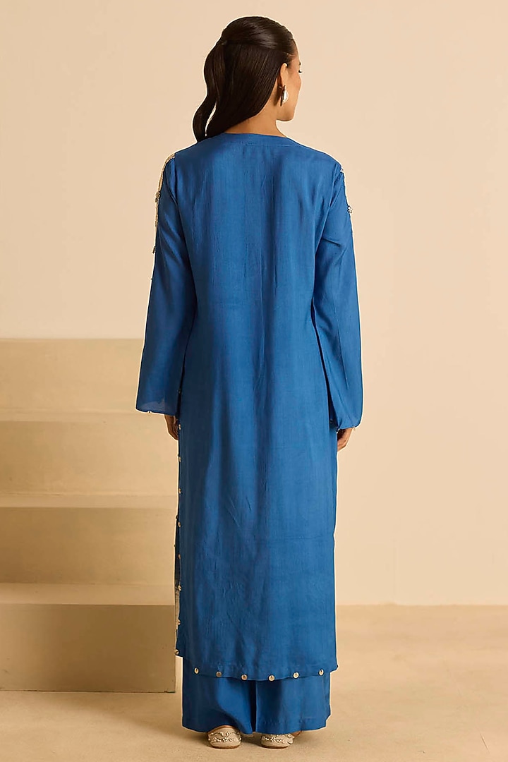 Blue Cotton Silk Dori Embroidered Straight Kurta Set by Inej at Pernia's Pop Up Shop