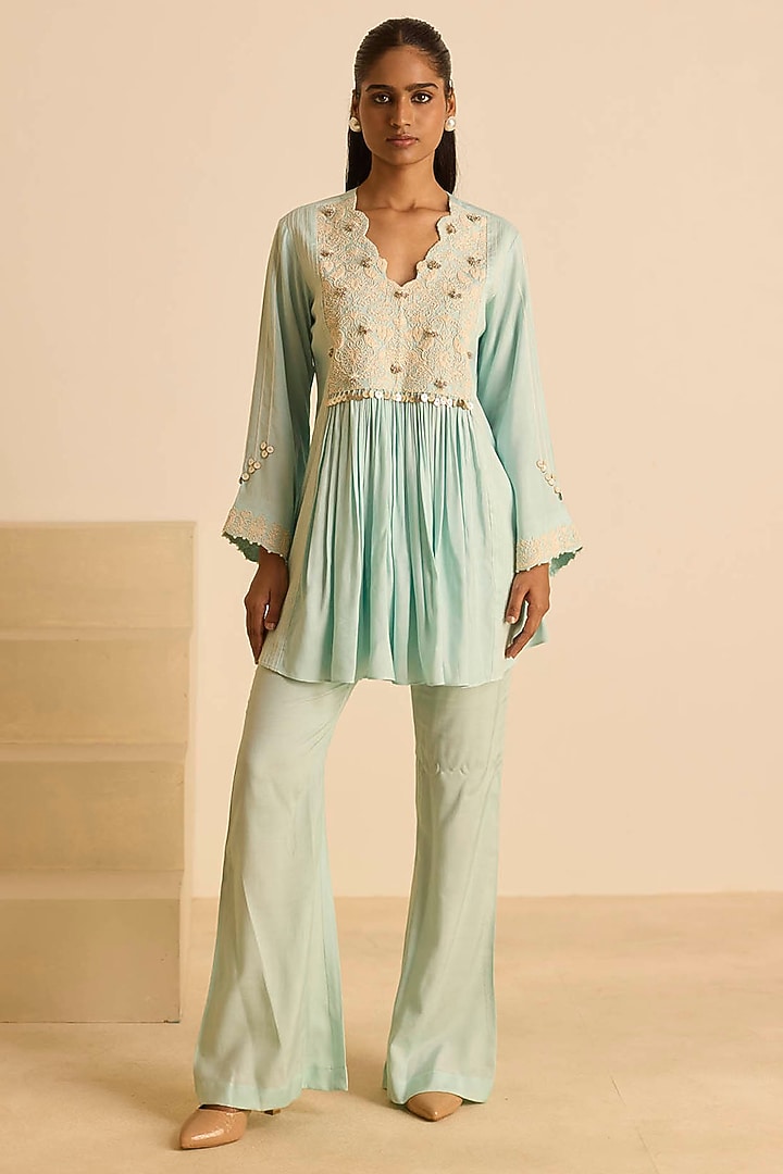 Sky Blue Cotton Silk Dori Embroidered Co-Ord Set by Inej at Pernia's Pop Up Shop