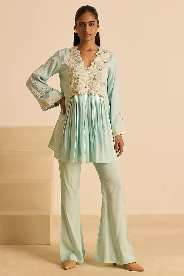 Sky Blue Cotton Silk Dori Embroidered Co-Ord Set by Inej at Pernia's Pop Up Shop