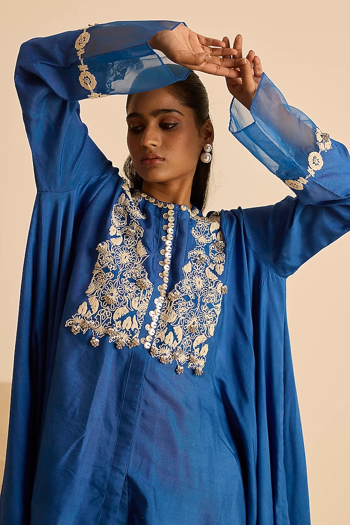 Blue Cotton Silk Dori Embroidered Co-Ord Set by Inej at Pernia's Pop Up Shop