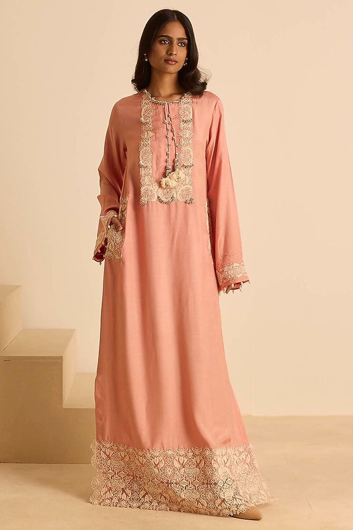 Pink Cotton Silk Dori Embroidered Straight Maxi Vacation Dress by Inej at Pernia's Pop Up Shop