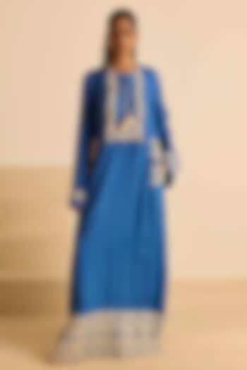 Blue Cotton Silk Dori Embroidered Straight Maxi Vacation Dress by Inej at Pernia's Pop Up Shop