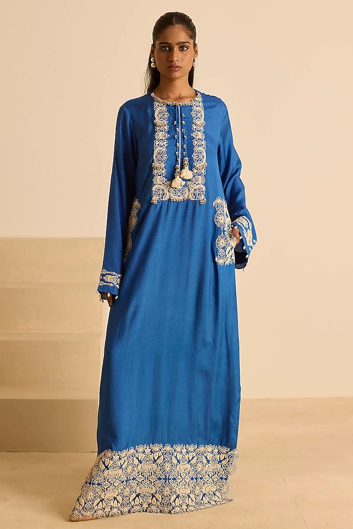 Blue Cotton Silk Dori Embroidered Straight Maxi Vacation Dress by Inej at Pernia's Pop Up Shop