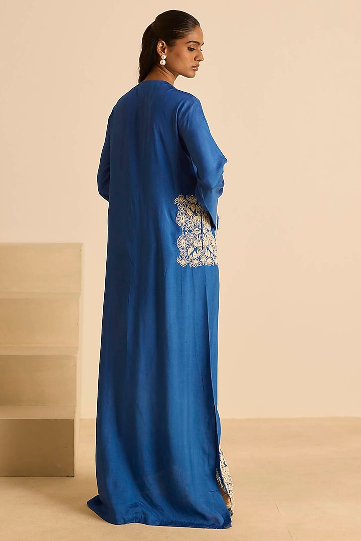 Blue Cotton Silk Dori Embroidered Straight Maxi Vacation Dress by Inej at Pernia's Pop Up Shop