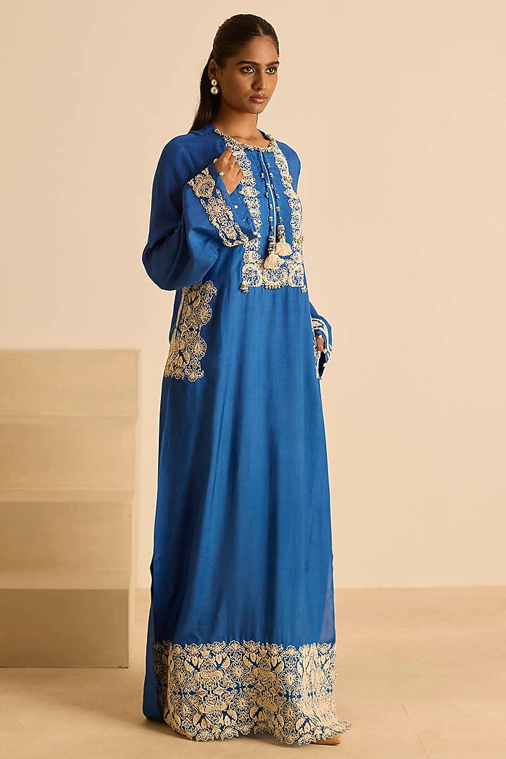 Blue Cotton Silk Dori Embroidered Straight Maxi Vacation Dress by Inej at Pernia's Pop Up Shop