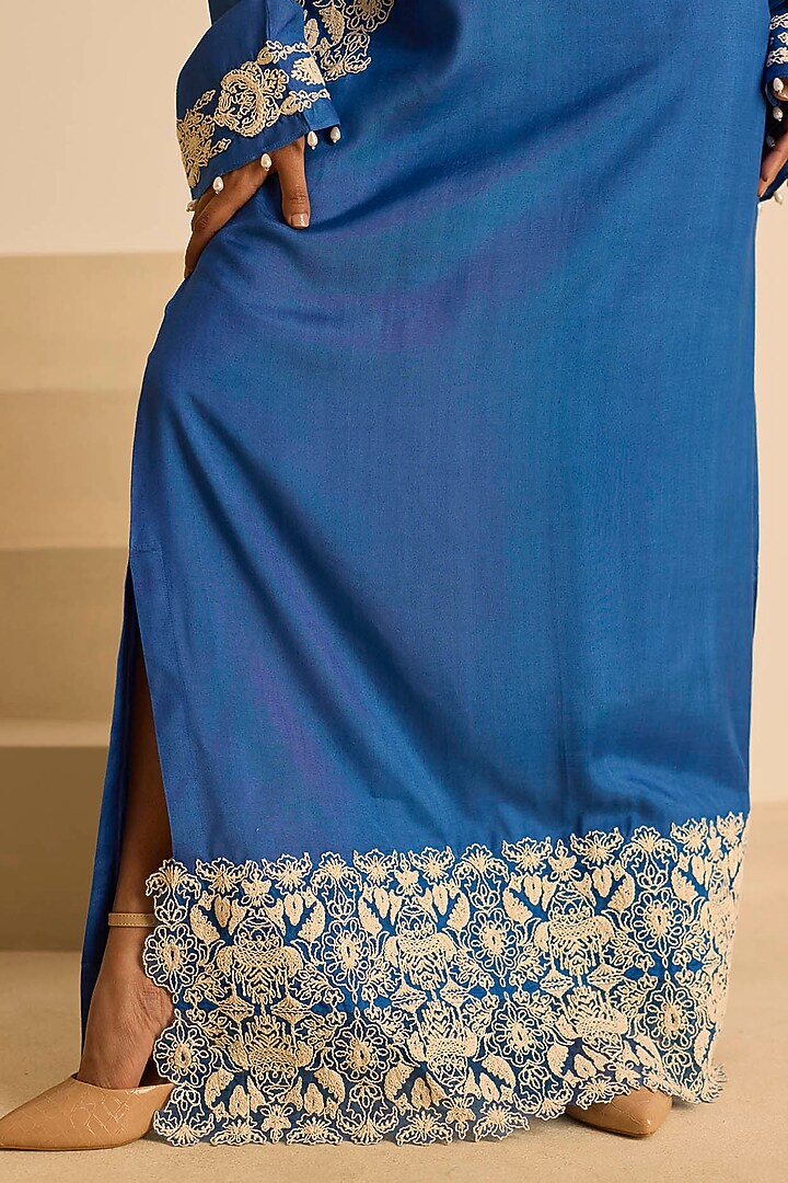 Blue Cotton Silk Dori Embroidered Straight Maxi Vacation Dress by Inej at Pernia's Pop Up Shop