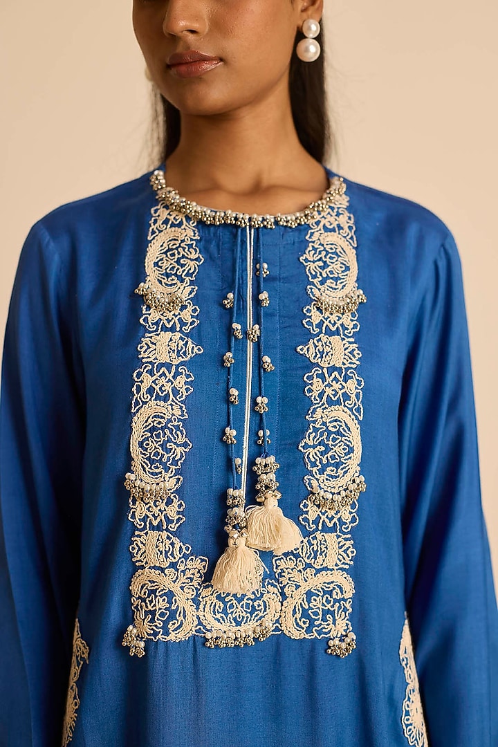 Blue Cotton Silk Dori Embroidered Straight Maxi Vacation Dress by Inej at Pernia's Pop Up Shop
