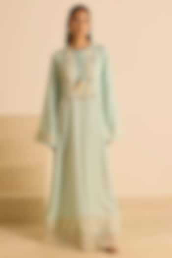 Sky Blue Cotton Silk Dori Embroidered Straight Maxi Vacation Dress by Inej at Pernia's Pop Up Shop