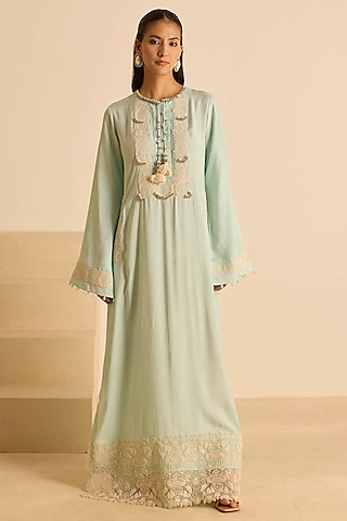 Sky Blue Cotton Silk Dori Embroidered Straight Maxi Dress by Inej