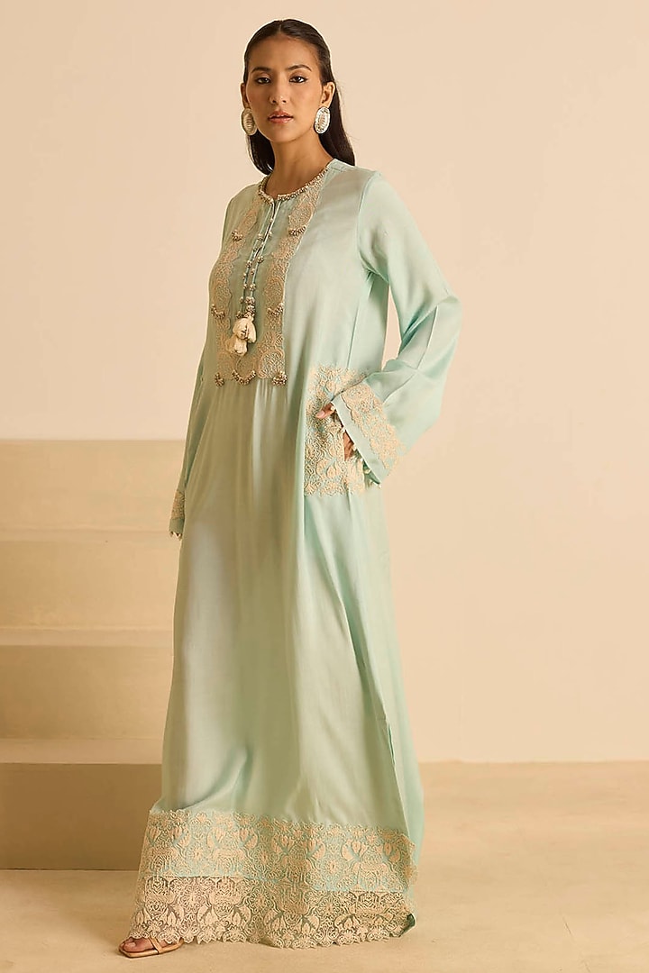 Sky Blue Cotton Silk Dori Embroidered Straight Maxi Vacation Dress by Inej at Pernia's Pop Up Shop