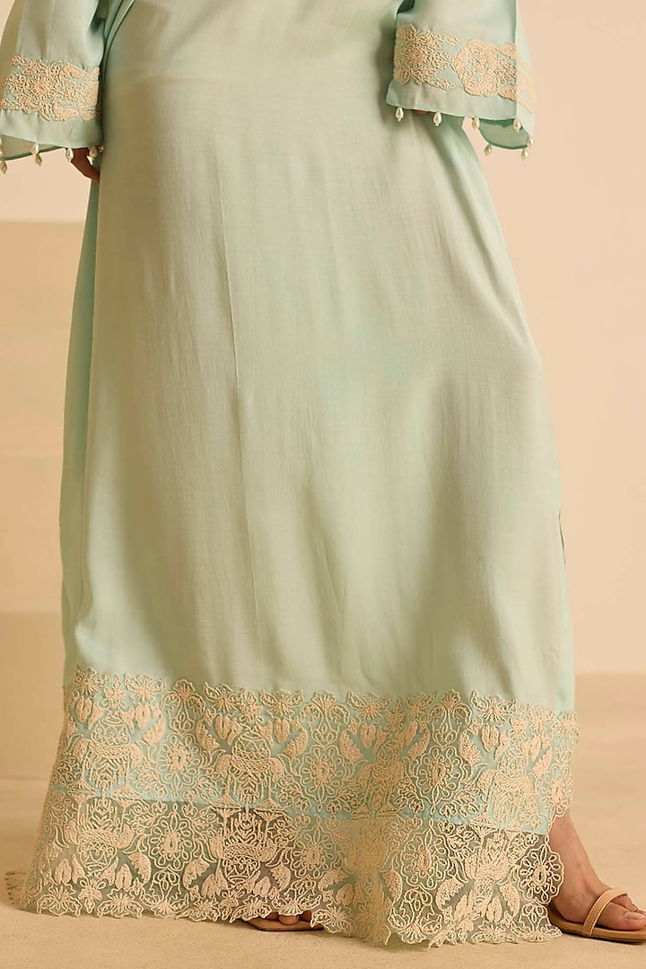 Sky Blue Cotton Silk Dori Embroidered Straight Maxi Vacation Dress by Inej at Pernia's Pop Up Shop