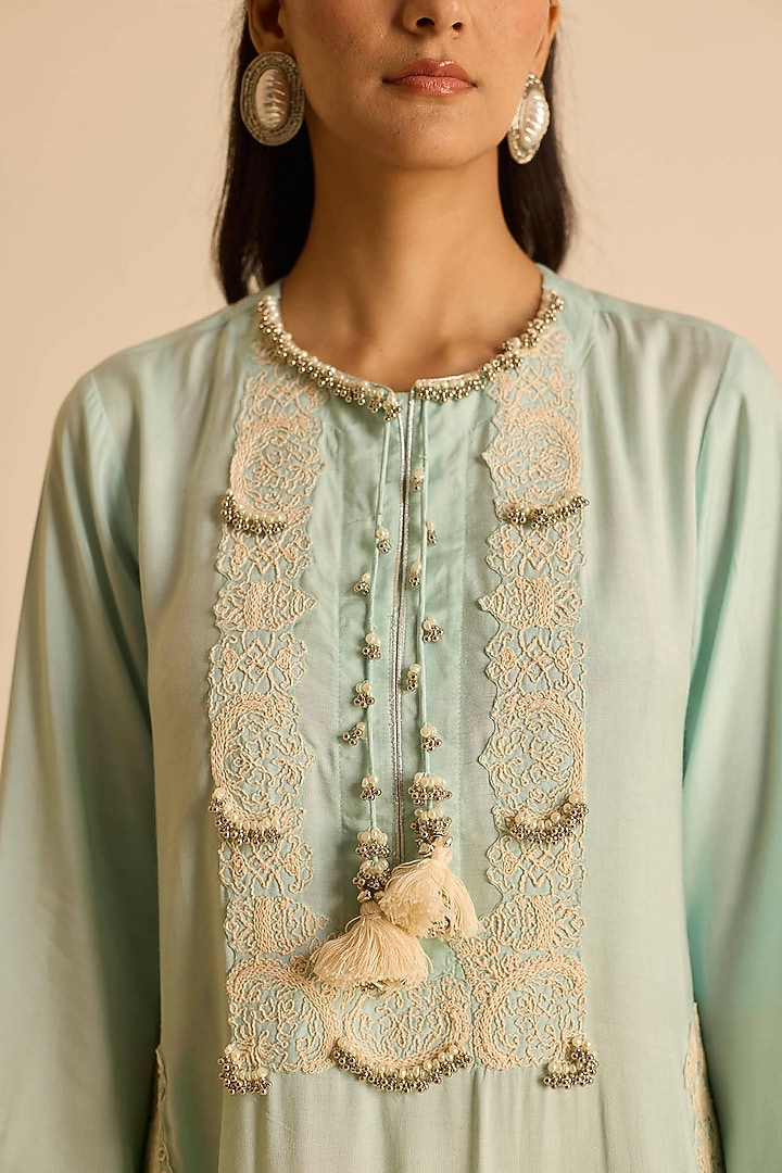 Sky Blue Cotton Silk Dori Embroidered Straight Maxi Vacation Dress by Inej at Pernia's Pop Up Shop