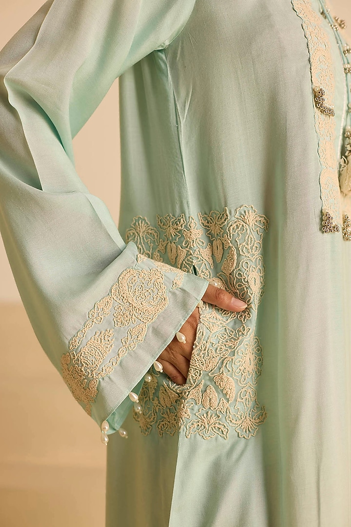 Sky Blue Cotton Silk Dori Embroidered Straight Maxi Vacation Dress by Inej at Pernia's Pop Up Shop