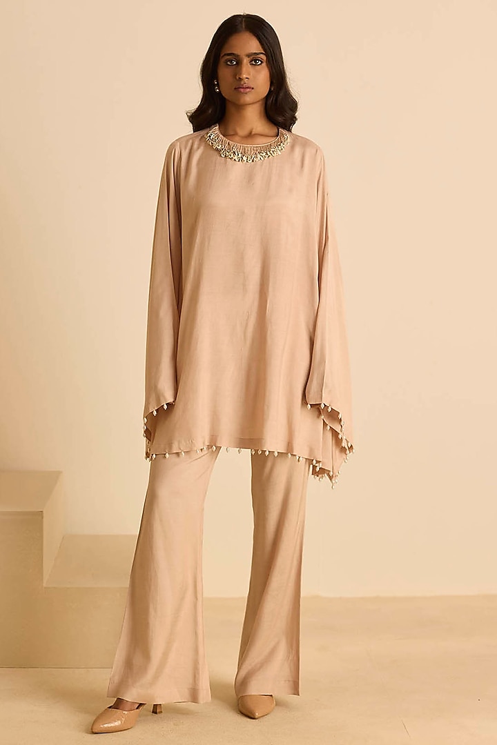 Peach Cotton Silk Pearl Embroidered Co-Ord Set by Inej at Pernia's Pop Up Shop