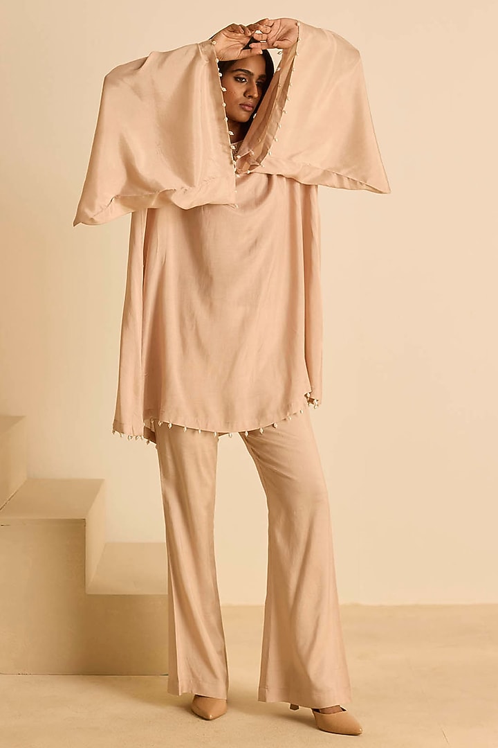 Peach Cotton Silk Pearl Embroidered Co-Ord Set by Inej at Pernia's Pop Up Shop