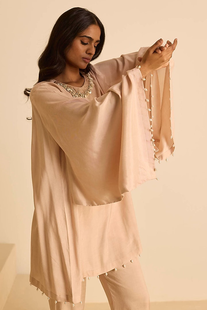 Peach Cotton Silk Pearl Embroidered Co-Ord Set by Inej at Pernia's Pop Up Shop