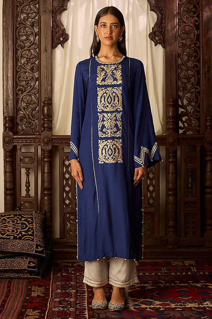 Navy Blue Cotton Silk Zari & Thread Embroidered Kurta Set by Inej at Pernia's Pop Up Shop