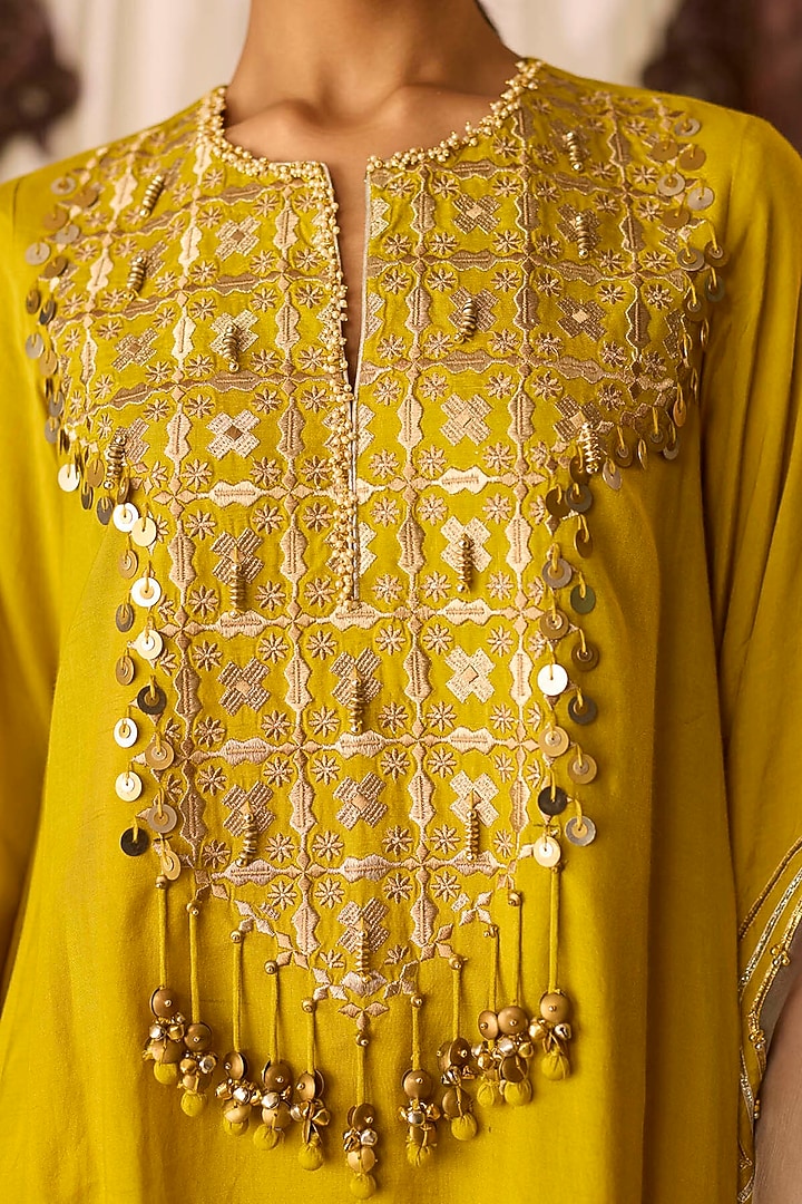 Mustard Cotton Silk Zari & Thread Embroidered High-Low Kurta Set by Inej at Pernia's Pop Up Shop