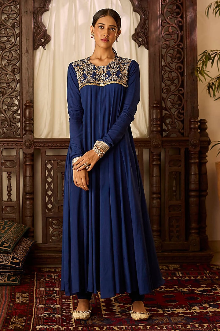 Navy Blue Cotton Silk Zari & Thread Embroidered Kalidar Kurta Set by Inej at Pernia's Pop Up Shop