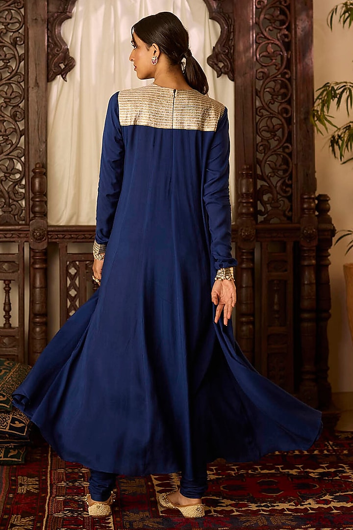 Navy Blue Cotton Silk Zari & Thread Embroidered Kalidar Kurta Set by Inej at Pernia's Pop Up Shop