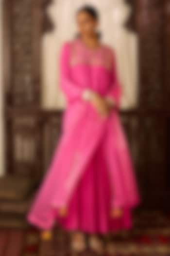 Hot Pink Cotton Silk Zari & Thread Embroidered Kalidar Kurta Set by Inej at Pernia's Pop Up Shop