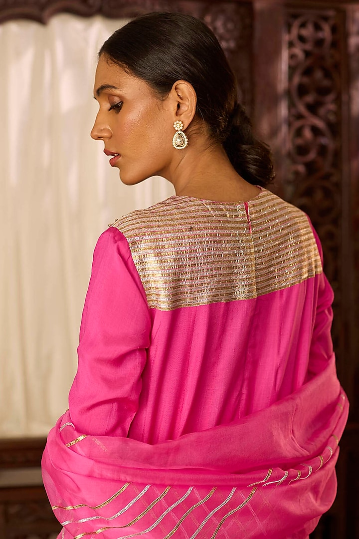 Hot Pink Cotton Silk Zari & Thread Embroidered Kalidar Kurta Set by Inej at Pernia's Pop Up Shop