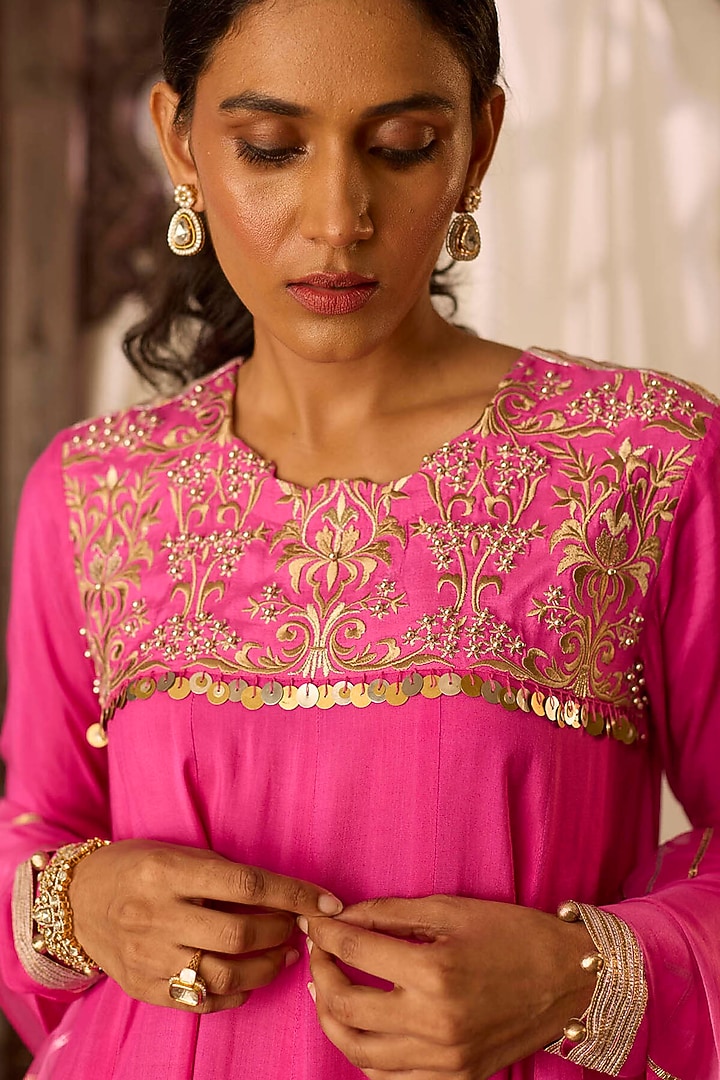Hot Pink Cotton Silk Zari & Thread Embroidered Kalidar Kurta Set by Inej at Pernia's Pop Up Shop