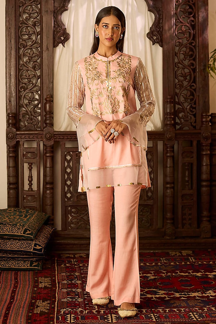 Peach Cotton Silk Patra Embroidered & Printed Co-Ord Set by Inej at Pernia's Pop Up Shop