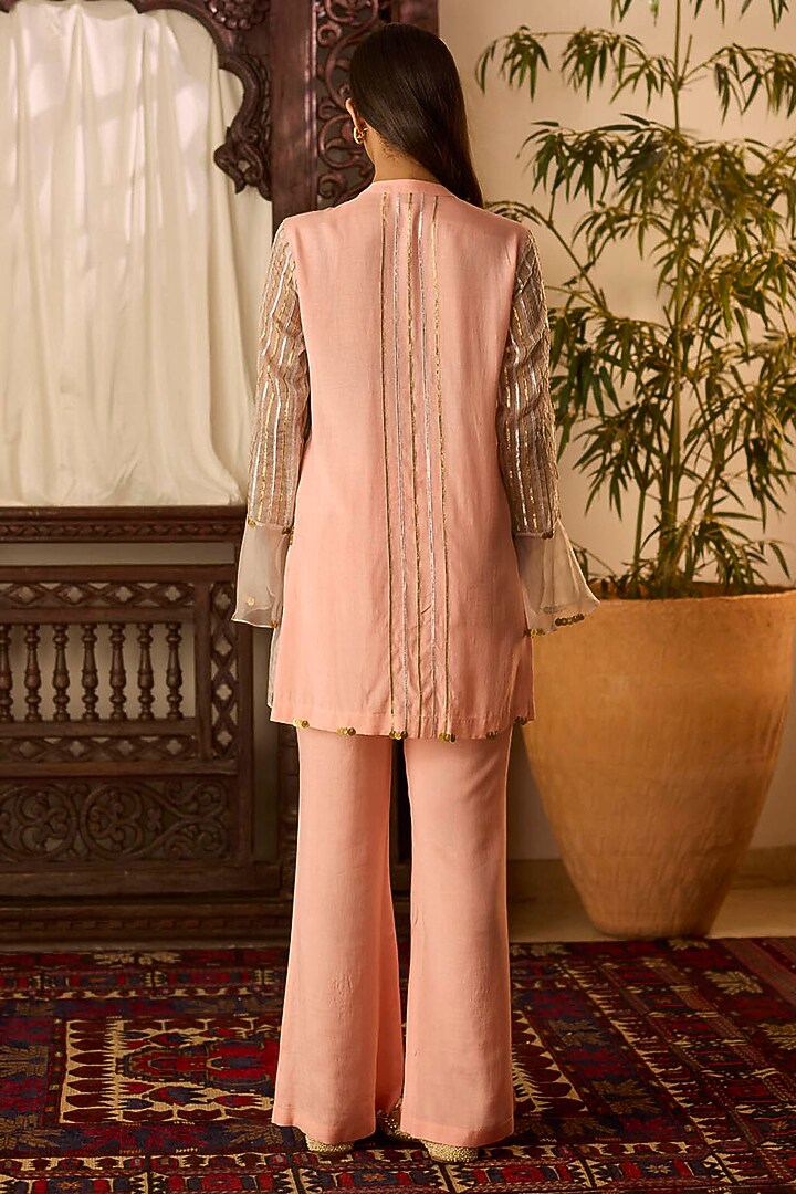 Peach Cotton Silk Patra Embroidered & Printed Co-Ord Set by Inej at Pernia's Pop Up Shop