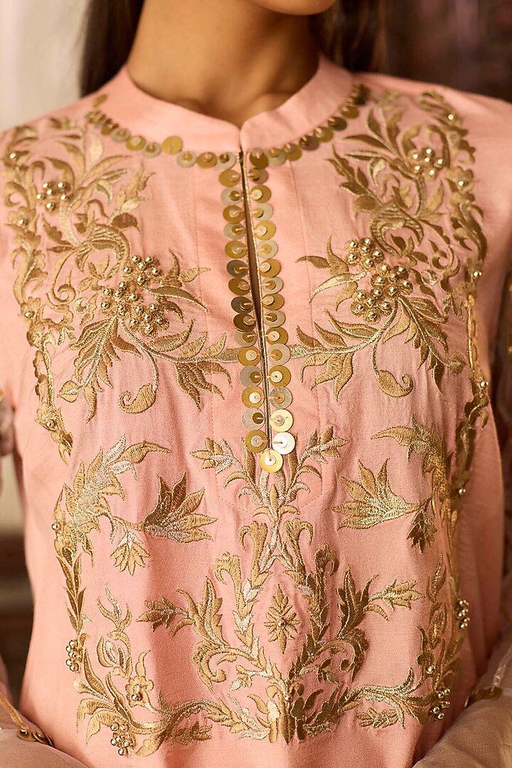Peach Cotton Silk Patra Embroidered & Printed Co-Ord Set by Inej at Pernia's Pop Up Shop