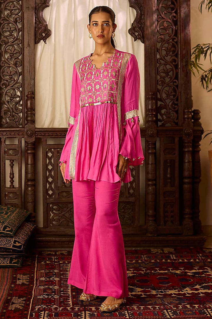 Hot Pink Cotton Silk Zari & Thread Embroidered Co-Ord Set by Inej at Pernia's Pop Up Shop